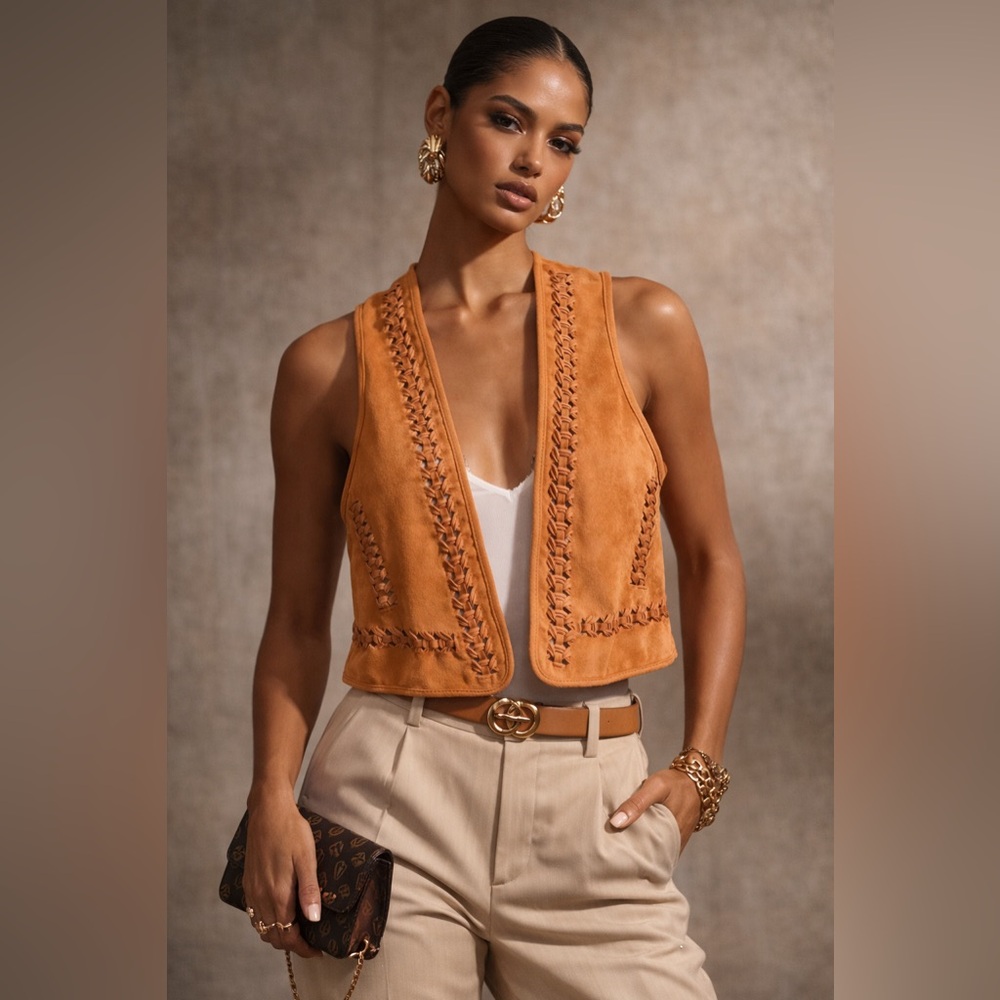 Tan Bolero Microsuede Braided Vest Size XS